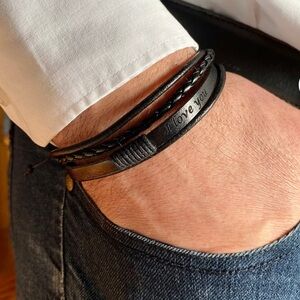 Black Braided Leather Personalized Adjustable Bracelet Handmade Couple Gift